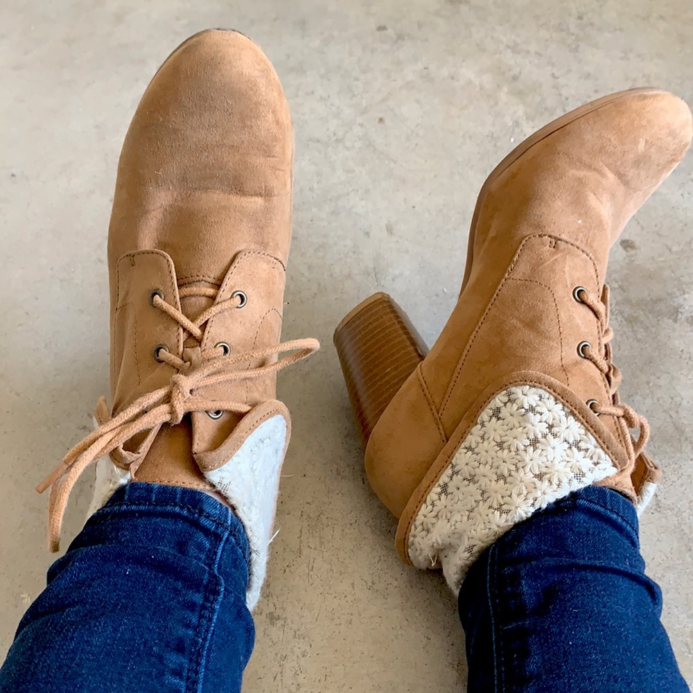 Tan Lace-Up Booties with Lace Trim